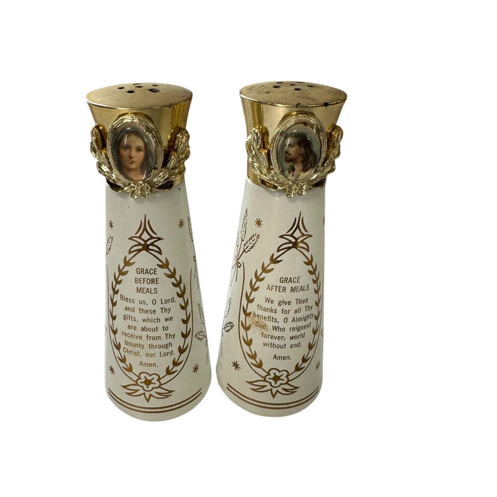Vintage Religious White Gold Salt and Pepper Shakers Jesus Mary Grace